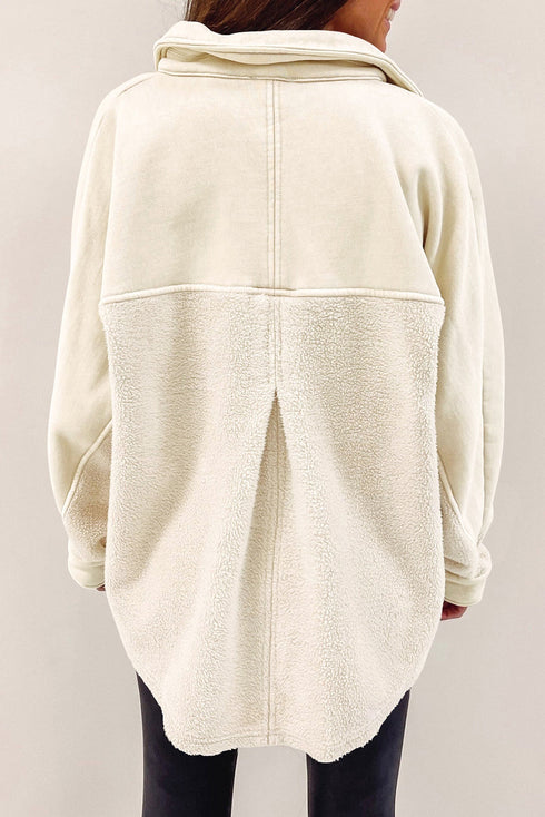 Casual Fleece Button Up Stitching Pocket Raw Hem Jacket