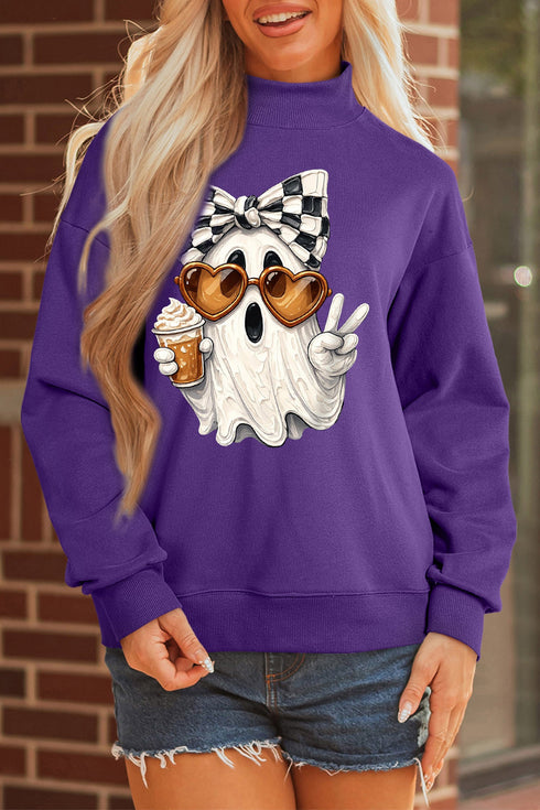 Cute Ghost Print Pullover Mock Neck Sweatshirt