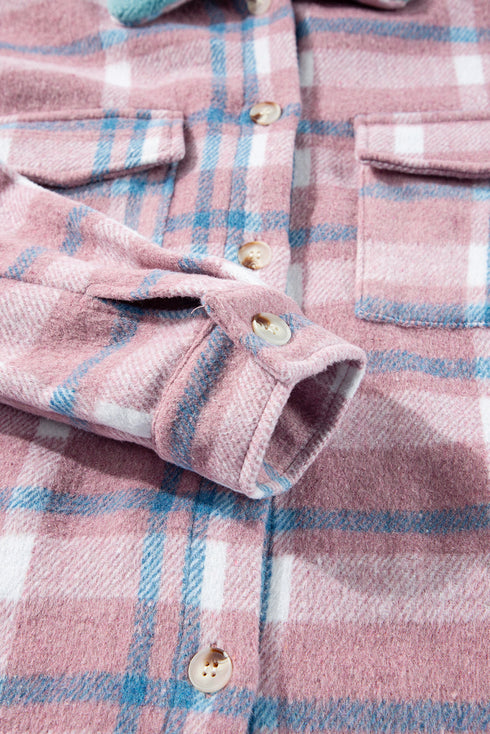 Color Block Collared Flap Pocket Relaxed Plaid Shacket
