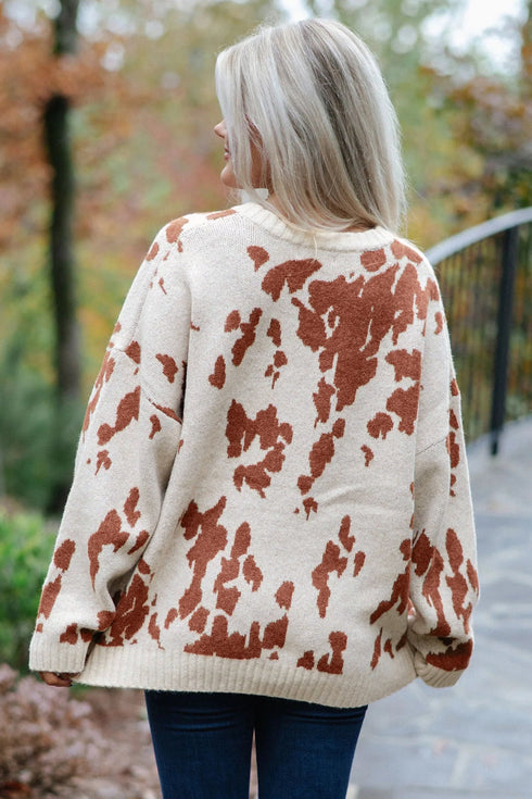 Abstract Print Drop Shoulder Long Sleeve Round Neck Sweater