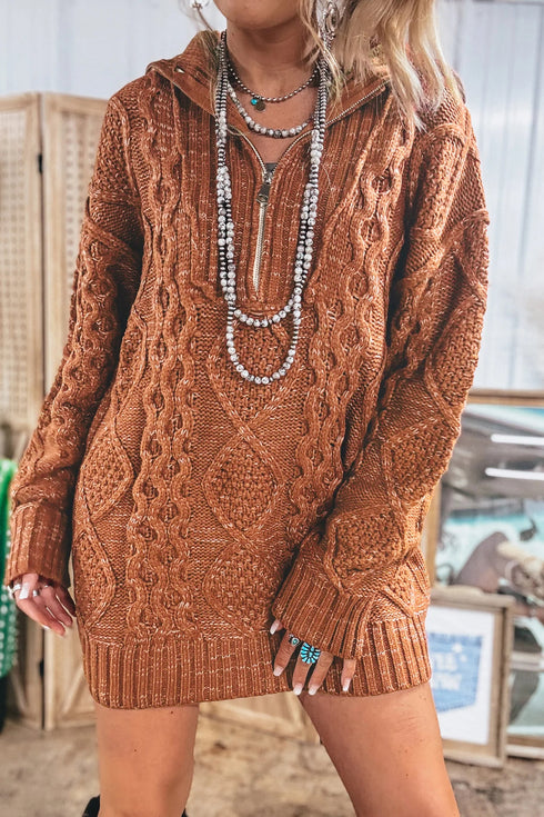 Zip Up Cable Knit Drop Shoulder Sweater Dress