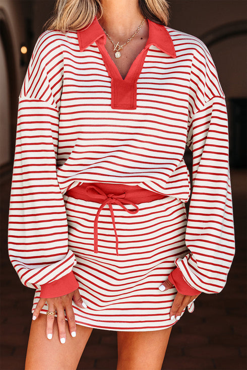 Striped Collared V Neck Pullover Skort Two Piece Dress