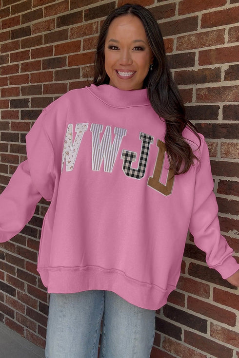 WWJD Mixed Pattern Mock Neck Embroidered Patch Sweatshirt