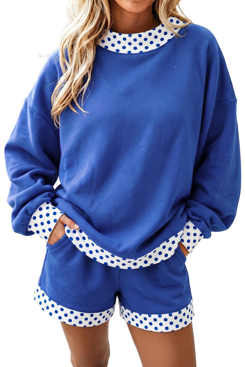 Polka Dot Trim Baggy Pullover Two Piece Short Set