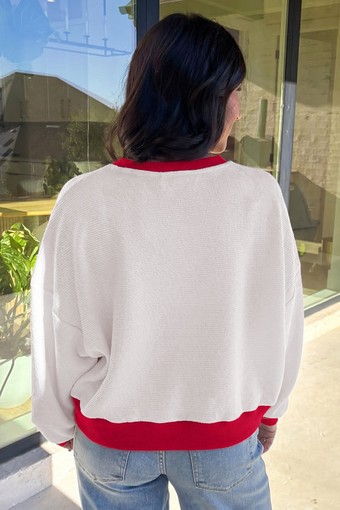 Letter Graphic Waffle Knit Textured Trim Slogan Pullover Sweatshirt
