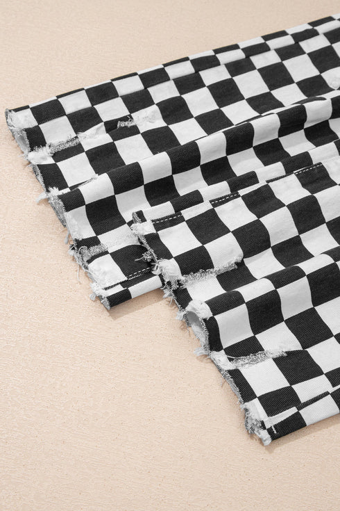 Checkerboard Print Distressed Raw Edge Cropped Denim Jeans