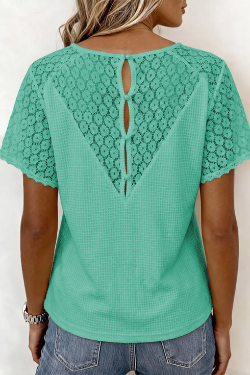 Lace Splicing Button Cutout V Neck Waffle Knit Blouse