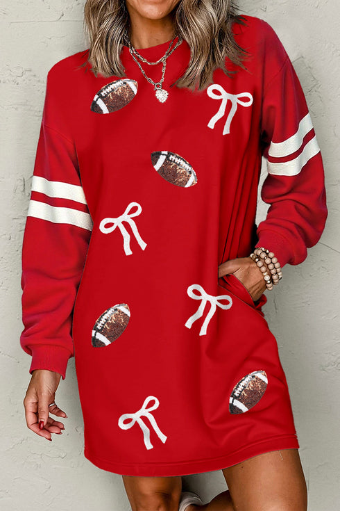 Sequin Rugby Bow Graphic Varsity Striped Sleeve Shift Dress