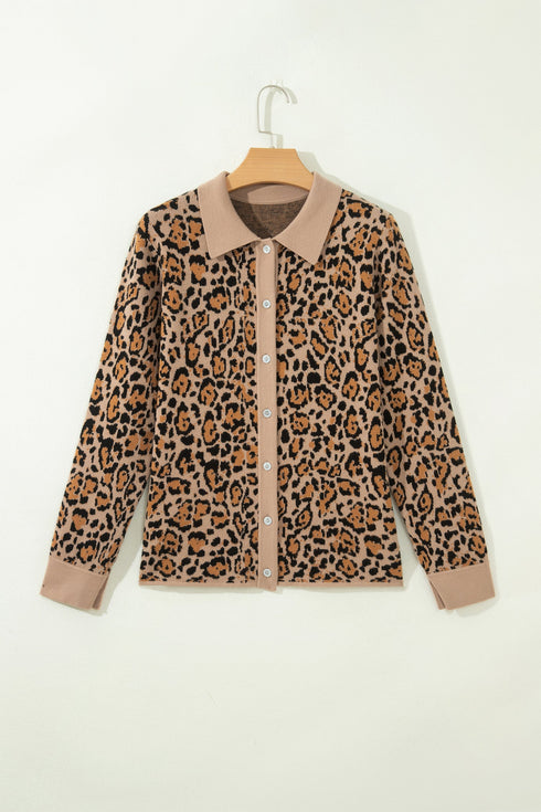 Leopard Print Button Up Long Sleeve Viscose Blend Cardigan