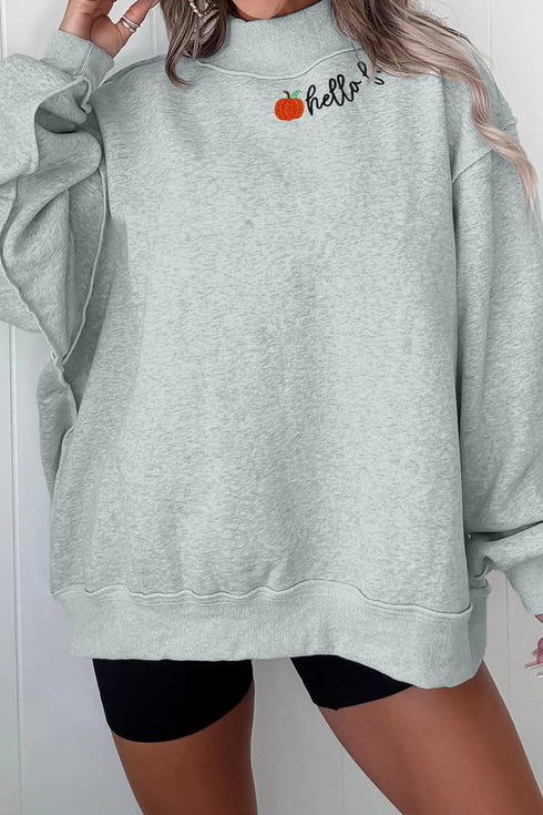 Hello Embroidered Pumpkin Graphic Mock Neck Sweatshirt
