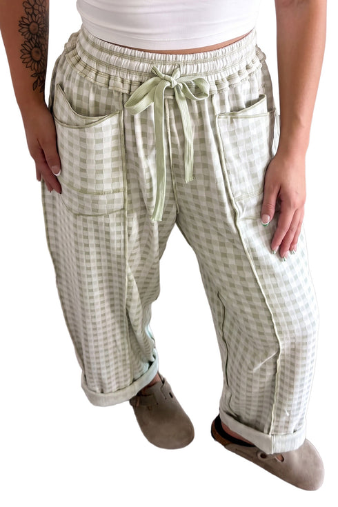 Plaid Trim Drawstring Elastic Waist Shift Pants