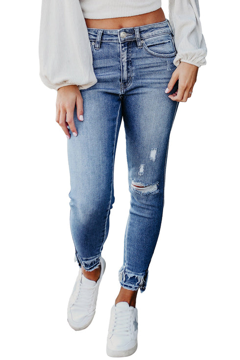 Distressed Frayed Hem Ankle Length Skinny Jeans