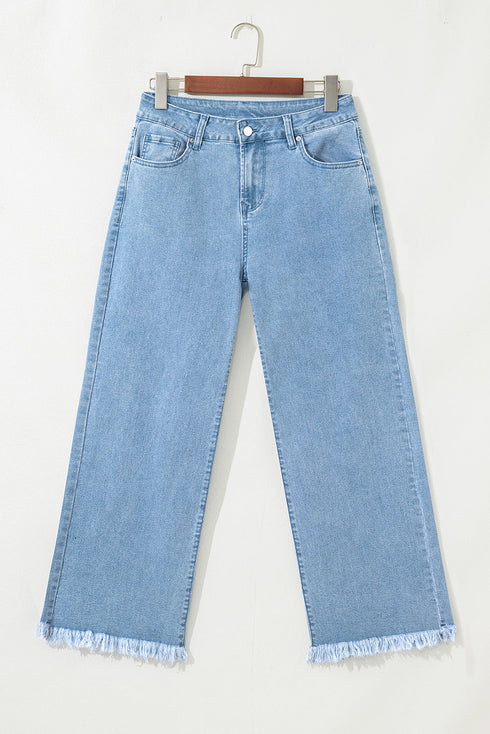 High Rise Cropped Washed Denim Wide Leg Jeans