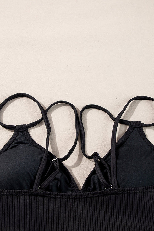 Ribbed Double Strap Tropical High Waist Bikini Set