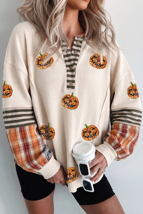 Sequined Pumpkin Face Patched Henley Waffle Tee