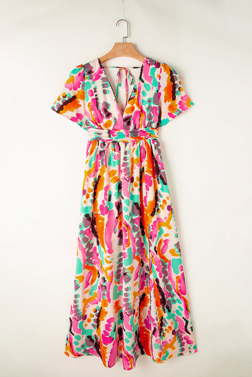 Abstract Print Flutter Sleeve V Neck Maxi Dress