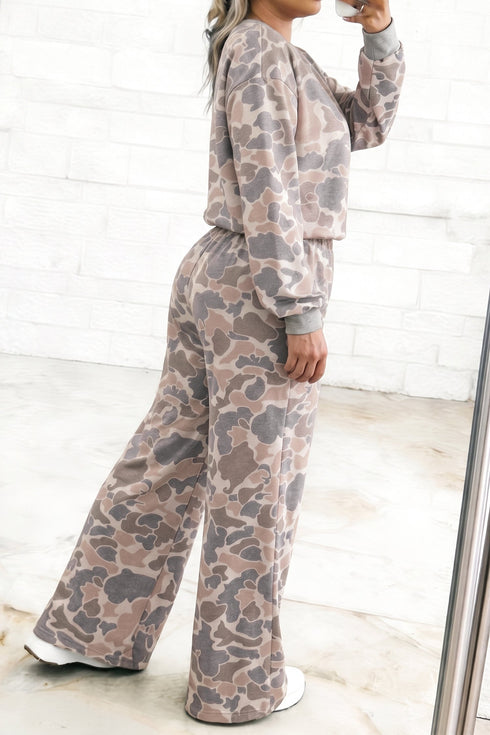 Camouflage Long Sleeve Round Neck Coordinated Loungewear Set