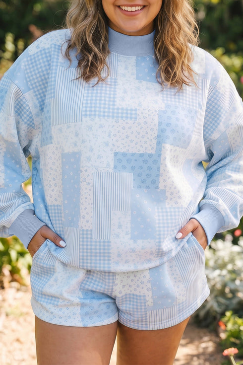 Patchwork Floral Print Stand Neck Long Sleeve Loungewear Set
