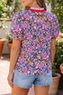 Ditsy Floral Print Plaid Trim V Neck Blouse
