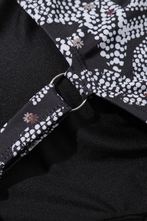 Abstract Leaf Print Halter Ring Mini Dress