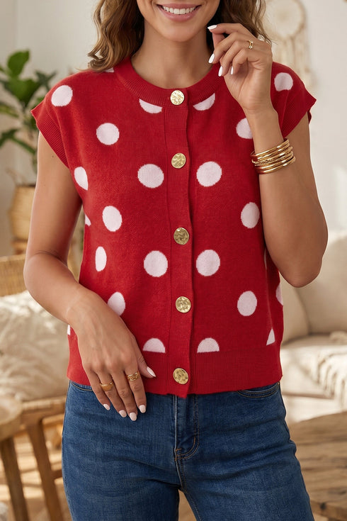 Relaxed Polka Dot Print Decorated Button Sweater Vest