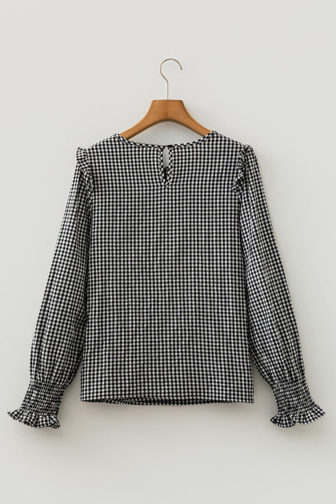 Plaid Shirred Cuff Round Neck Cotton Long Sleeve Blouse