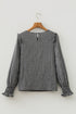 Plaid Shirred Cuff Round Neck Cotton Long Sleeve Blouse