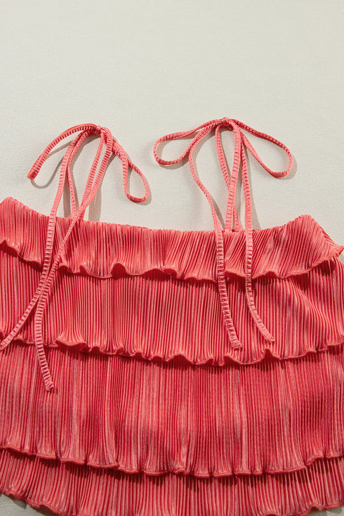 Solid Ruffle Tiered Cami Pleated Wide Leg Pant Sets