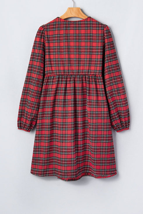 Plaid Tie Front Long Sleeve Short Shift Mini Dress