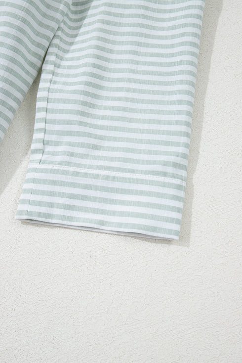 Striped Split Neck Roll Tab Sleeve Pocketed Shirt Dress