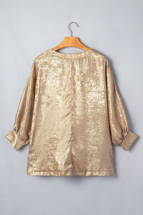 Metallic V Neck Button Cuff Long Sleeve Dolman Blouse