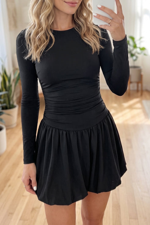 Long Sleeve Bubble Hem Short Mini Dress