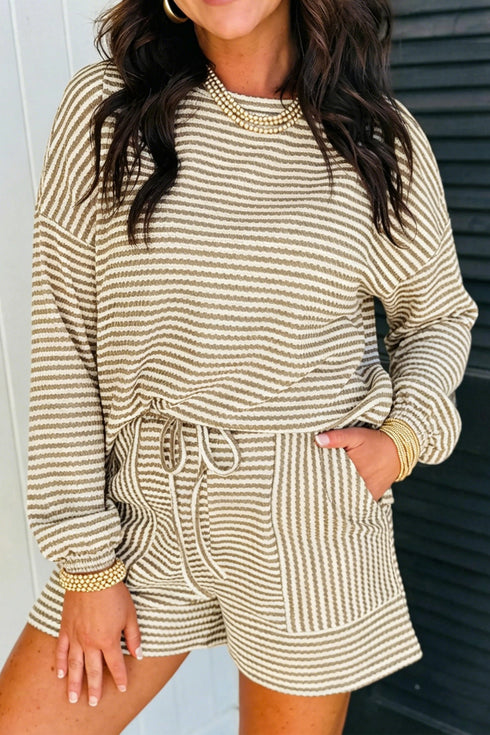 Striped Textured Knit Long Sleeve Top Elastic Waist Shorts Outfit Short Set