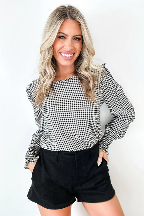 Plaid Shirred Cuff Round Neck Cotton Long Sleeve Blouse