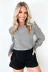 Plaid Shirred Cuff Round Neck Cotton Long Sleeve Blouse