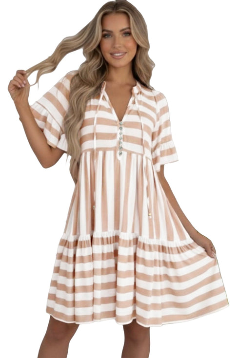 Striped Ruffle Trim Tie Front Short Sleeve Mini Dress