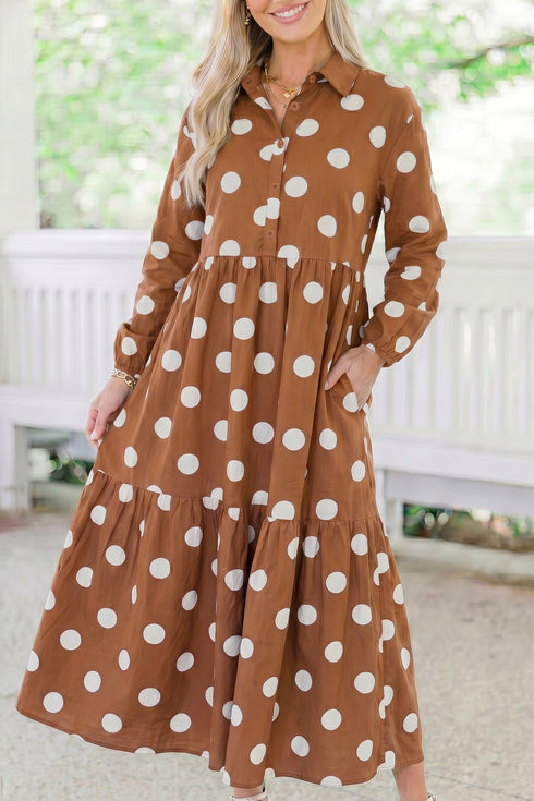 Polka Dot Button Front Long Sleeve Shift Midi Dress