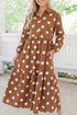 Polka Dot Button Front Long Sleeve Shift Midi Dress