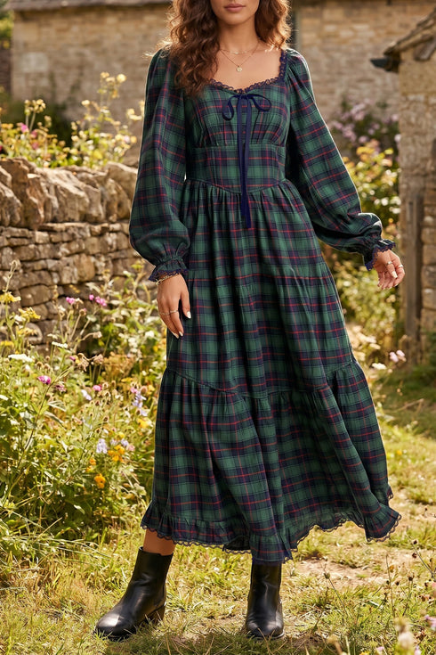 Vintage Plaid Square Neck Lace Trim Long Sleeve Shift Maxi Dress