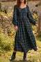 Vintage Plaid Square Neck Lace Trim Long Sleeve Shift Maxi Dress