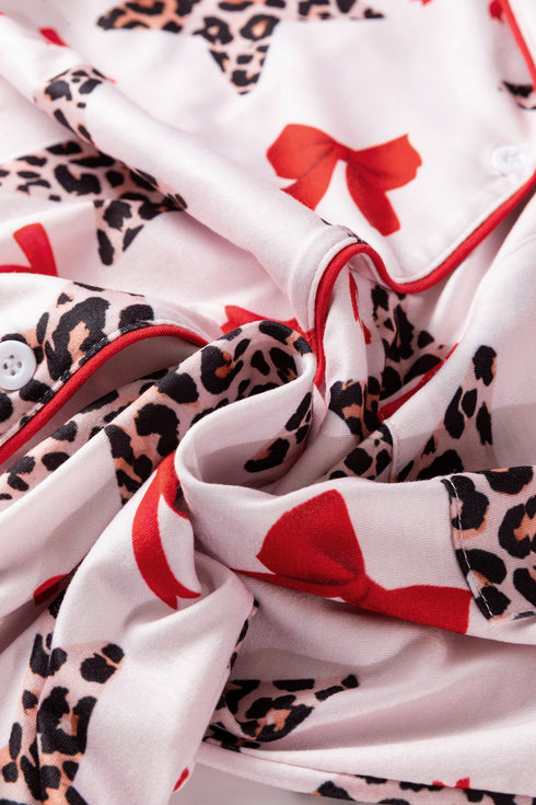 Leopard Star Print Ribbon Bow Contrast Trim Sleepwear