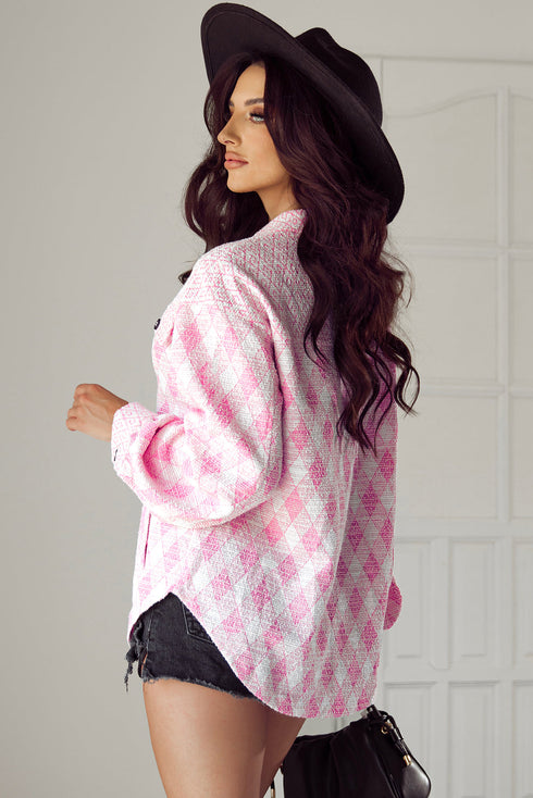 Geometric Checkered Print Textured Flap Pocket Jacket