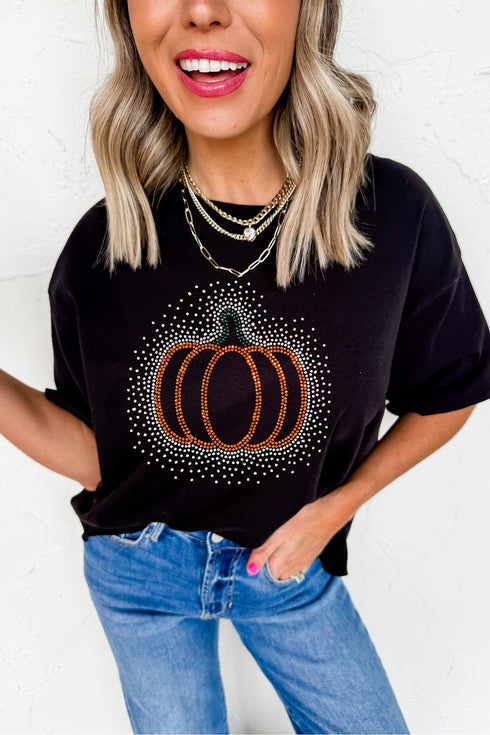 Rhinestone Pumpkin Graphic Print Short Sleeve Tee