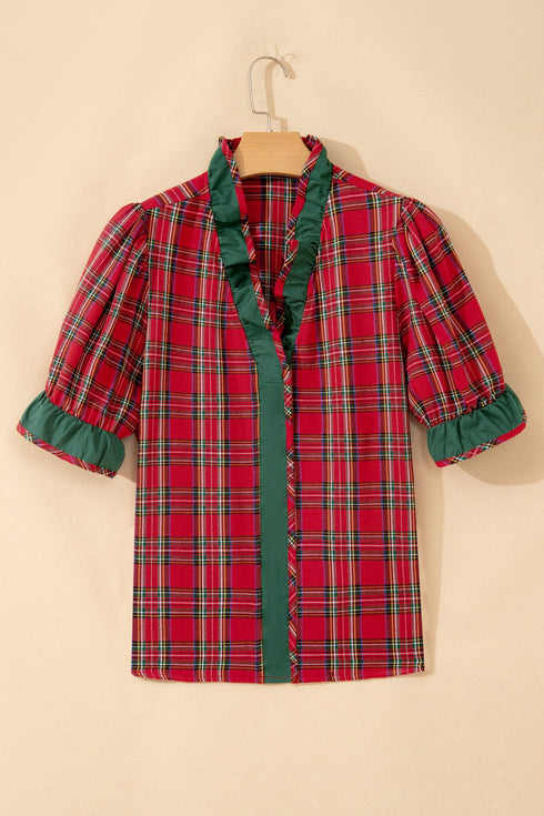 Plaid V Neck Ruffle Trim Short Sleeve Blouse