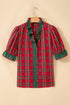 Plaid V Neck Ruffle Trim Short Sleeve Blouse