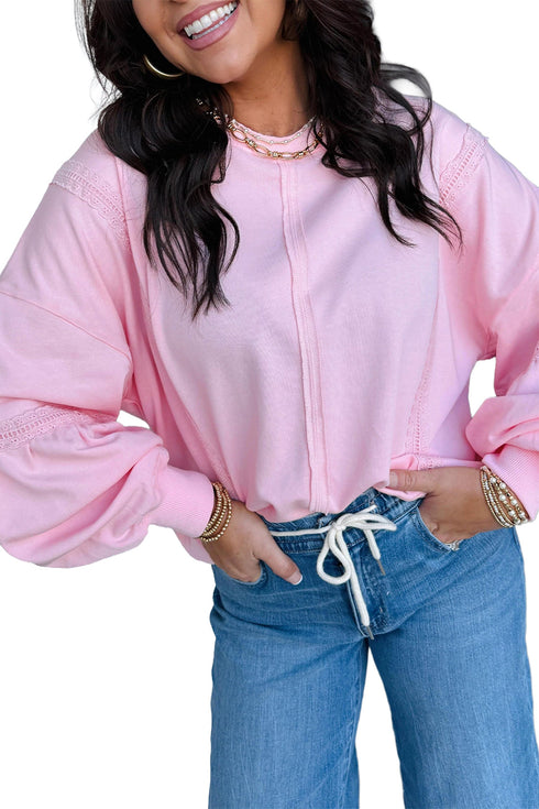 Polyester Cotton Raw Seam Lace Loose Sweatshirt