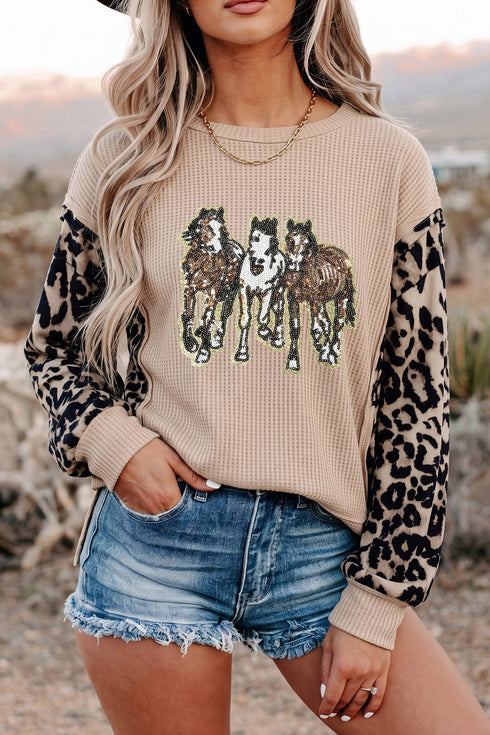 Sequined Western Horse Graphic Leopard Sleeve Patchwork Waffle Knit Tee