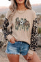 Sequined Western Horse Graphic Leopard Sleeve Patchwork Waffle Knit Tee