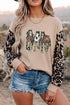 Sequined Western Horse Leopard Sleeve Patchwork Waffle Long Sleeve Tee