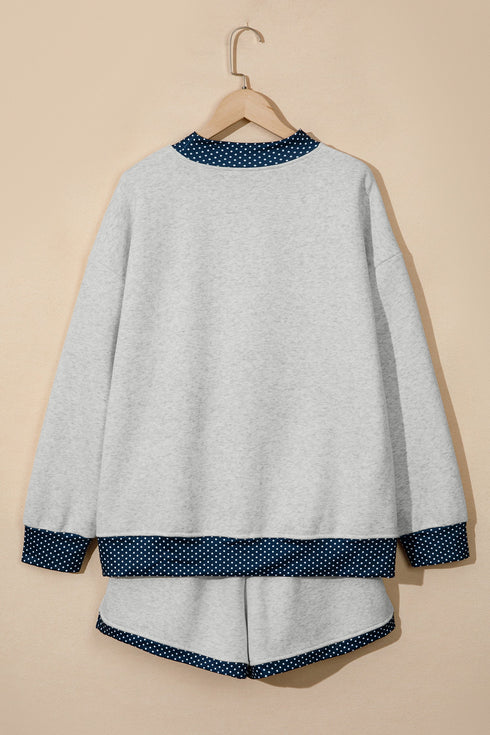Polka Dot Patchwork Mock Neck Pullover Short Set